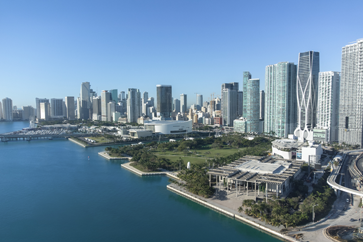 downtown skyline over MacAurther Causeway
