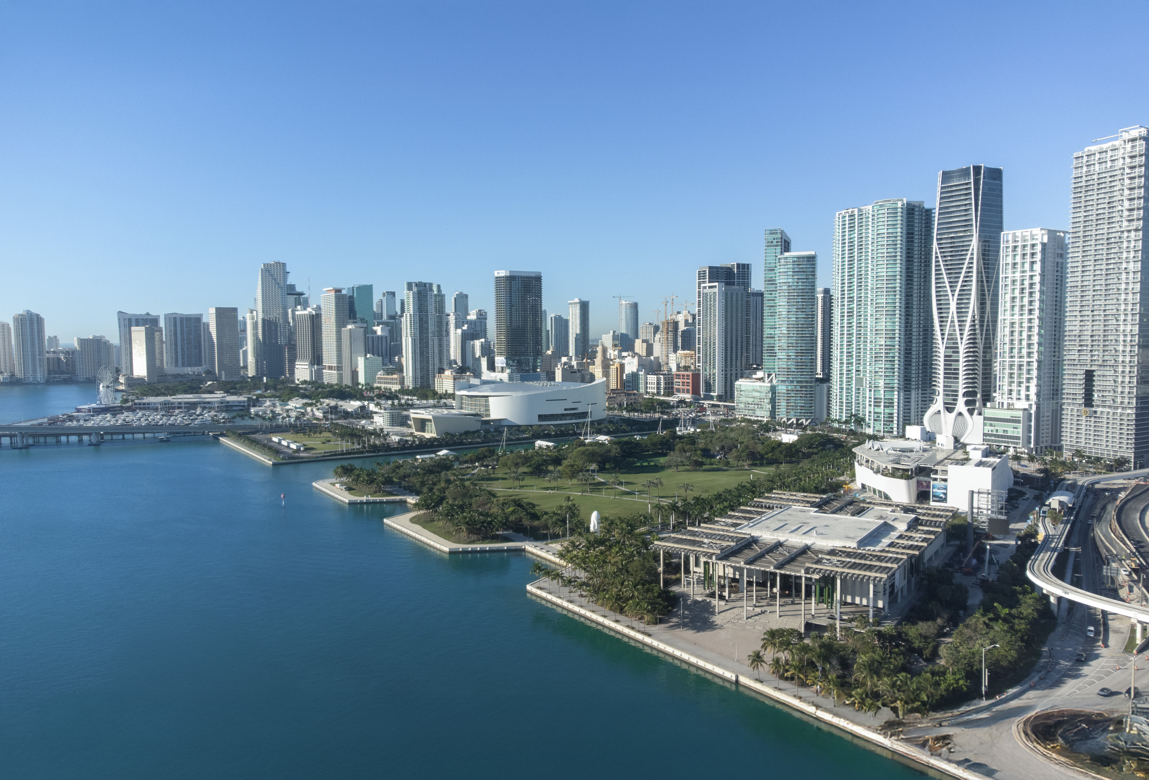 downtown skyline over MacAurther Causeway