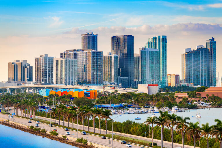 downtown skyline over MacAurther Causeway