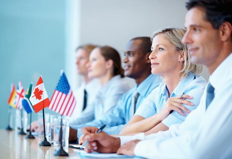 UN professionals with flags meeting in a table