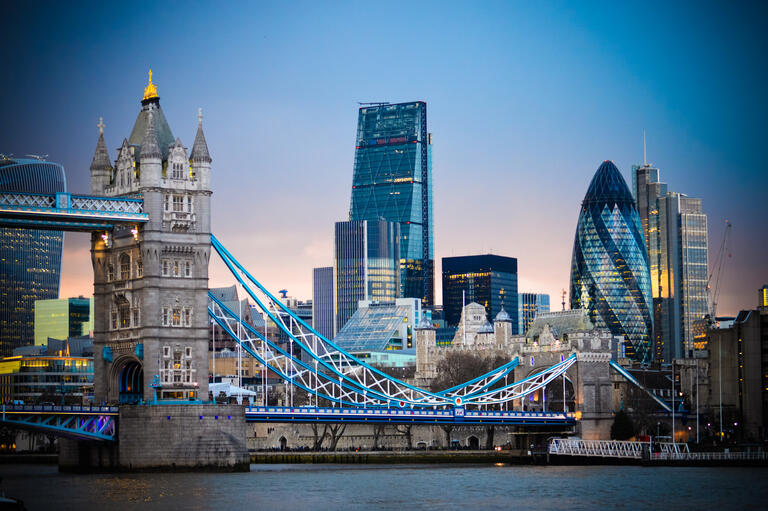  London skyline with Tower Bridge during sunset