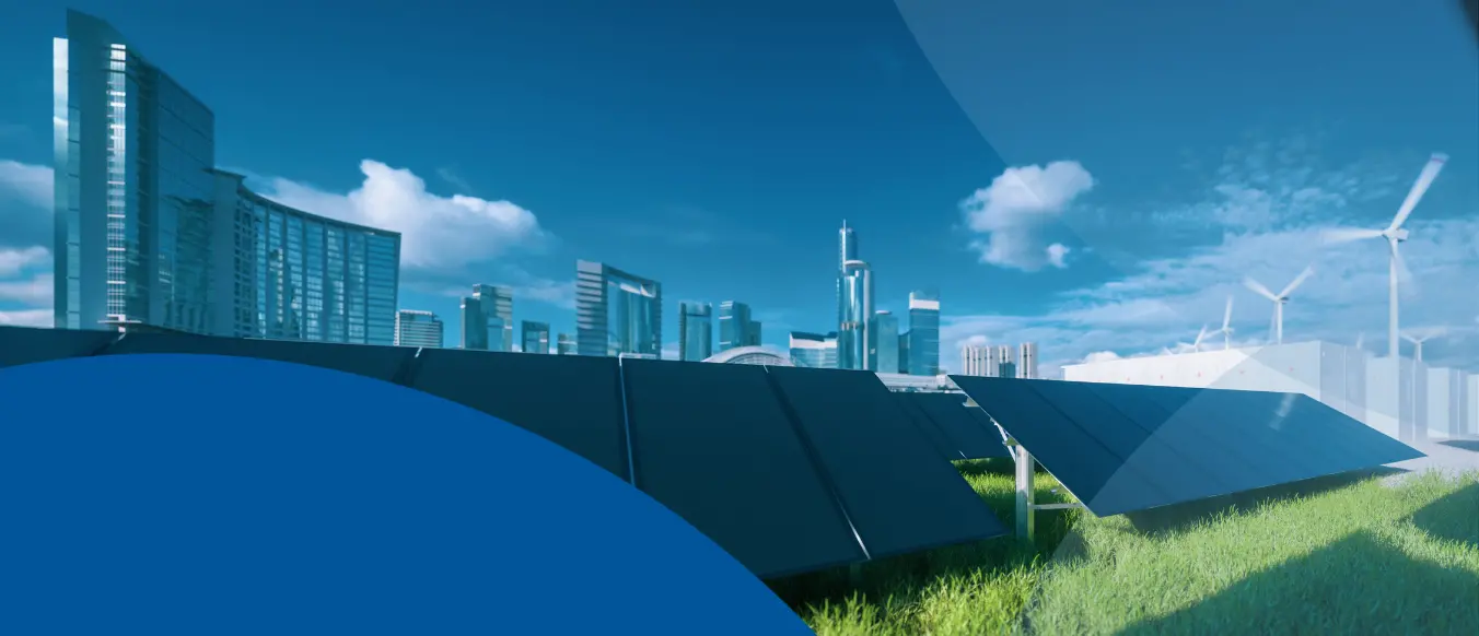 skyline ground mount solar panels windmills w blue circle graphic accents