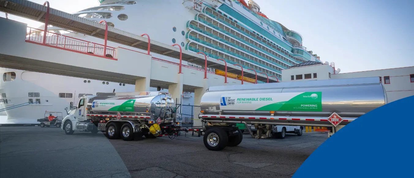 World fuel truck delivering fuel to cruise ship