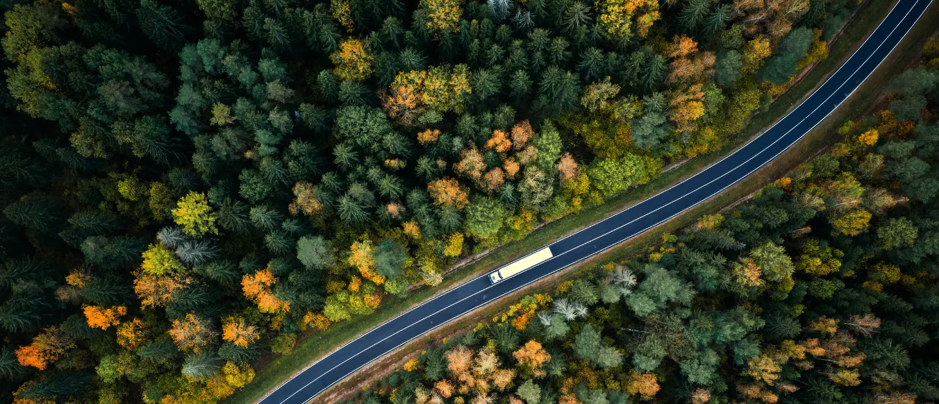 overhead view of white truck driving through wooded area along 2-lane black highway