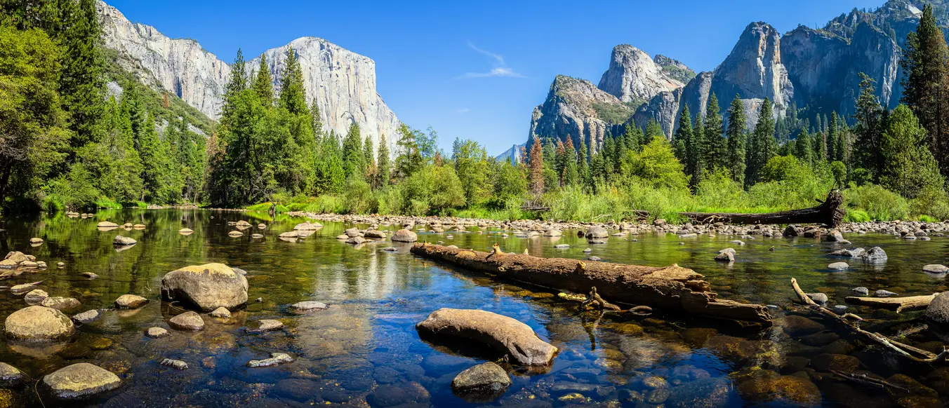 River forest and rock mountains in California