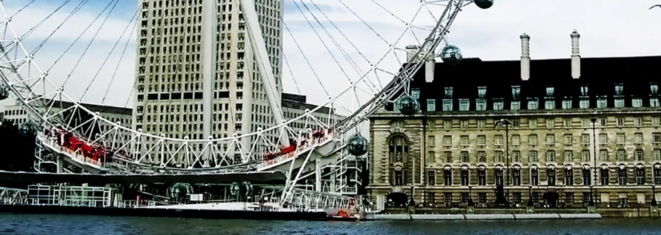 The ferris wheel next to a building on the river