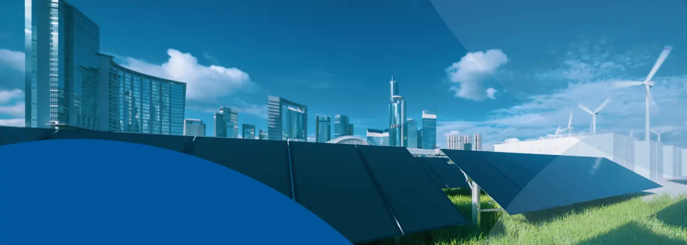 skyline ground mount solar panels windmills w blue circle graphic accents