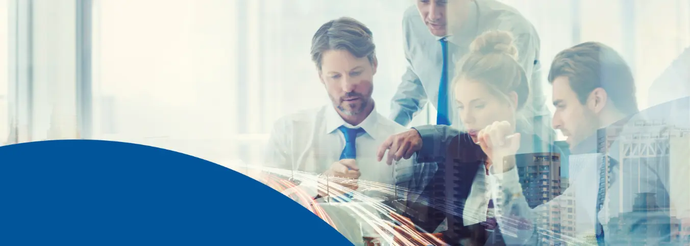 people around computer with buildings overlayed 