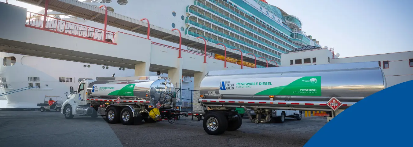 World fuel truck delivering fuel to cruise ship