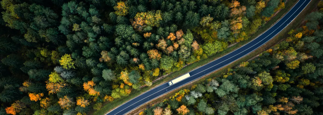 overhead view of white truck driving through wooded area along 2-lane black highway