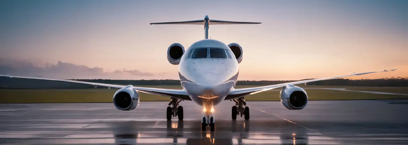 Jet nose on tarmac at sunrise