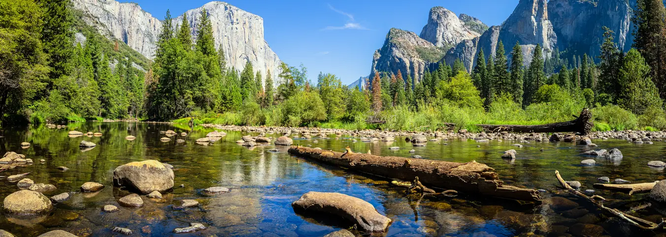 River forest and rock mountains in California