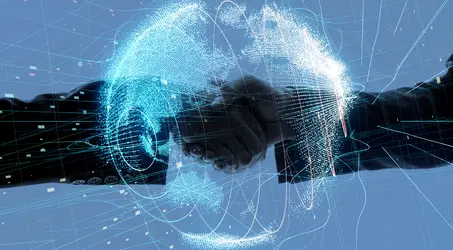Handshake with Blue digital globe transparent